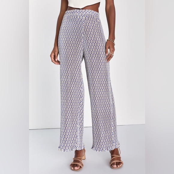 NWT Miami Afternoons Blue Multi Geo Print Plisse Wide-Leg Pants - Picture 3 of 6